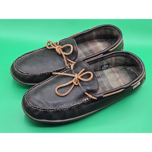 LL Bean Mens 14 Leather Moccasin Flannel Lined Slippers Loafer Shoe 212164 Brown main image 6